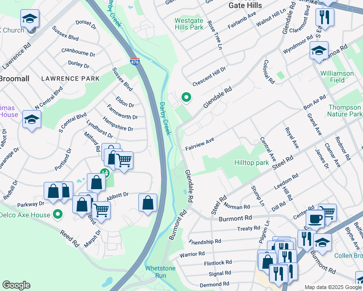 map of restaurants, bars, coffee shops, grocery stores, and more near 1532 Fairview Avenue in Havertown