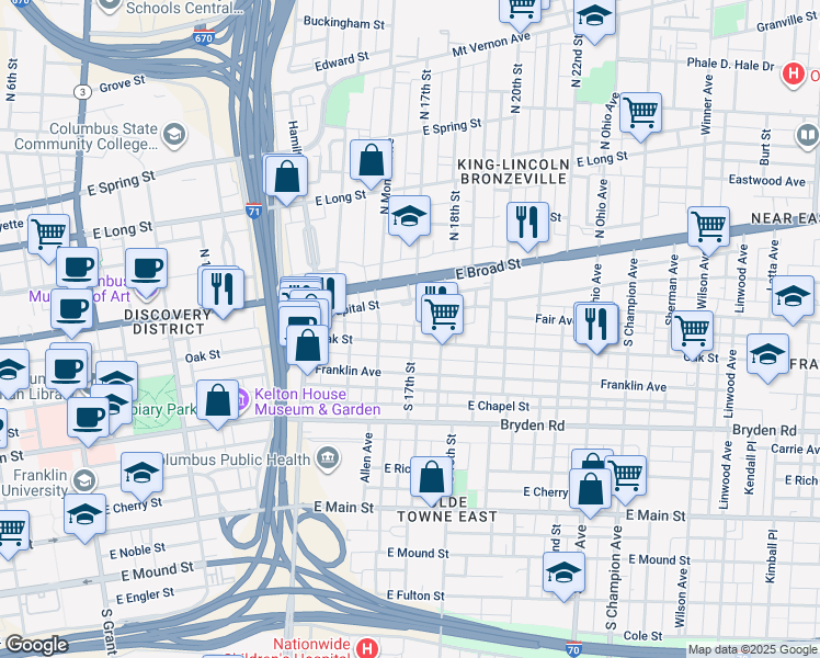 map of restaurants, bars, coffee shops, grocery stores, and more near 65 South Douglass Street in Columbus