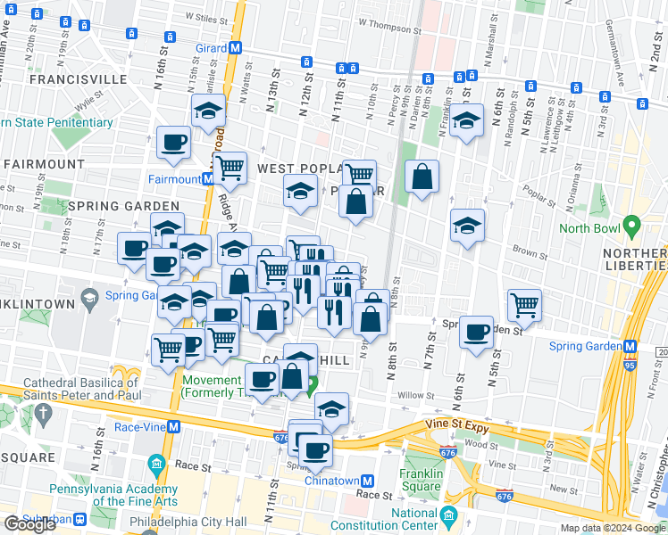 map of restaurants, bars, coffee shops, grocery stores, and more near 1031 Mount Vernon Street in Philadelphia