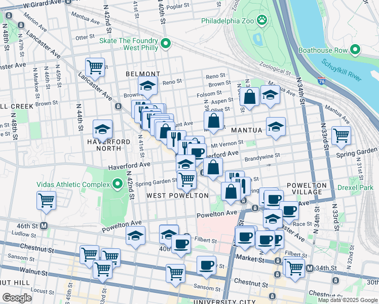 map of restaurants, bars, coffee shops, grocery stores, and more near 3940 Haverford Avenue in Philadelphia