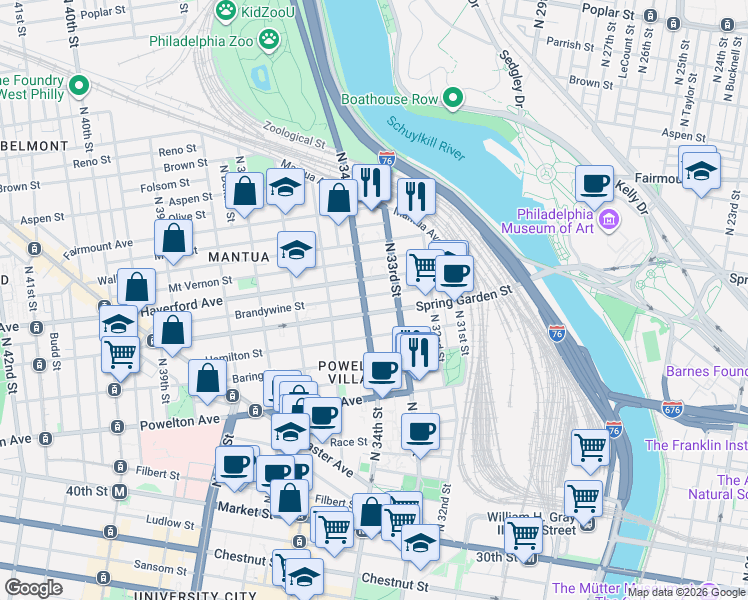 map of restaurants, bars, coffee shops, grocery stores, and more near in Philadelphia