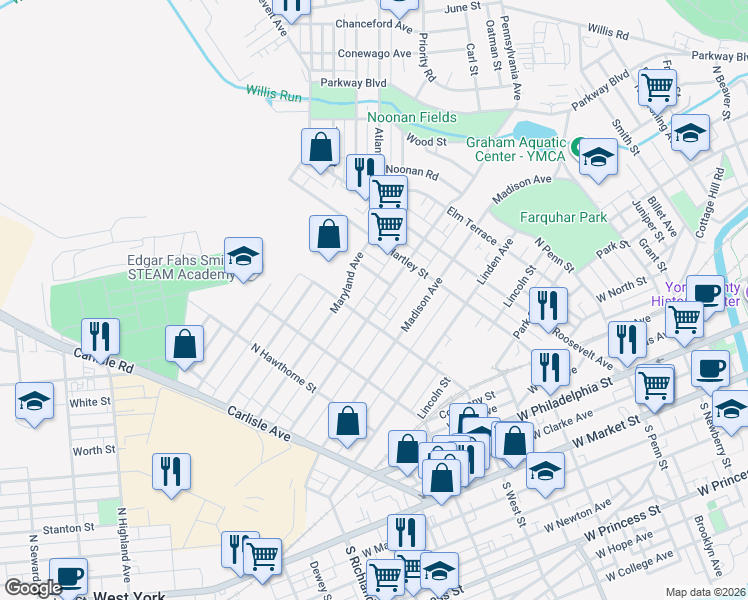 map of restaurants, bars, coffee shops, grocery stores, and more near 601 North West Street in York