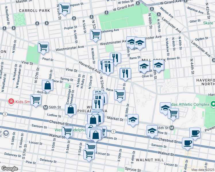 map of restaurants, bars, coffee shops, grocery stores, and more near 215 North Creighton Street in Philadelphia