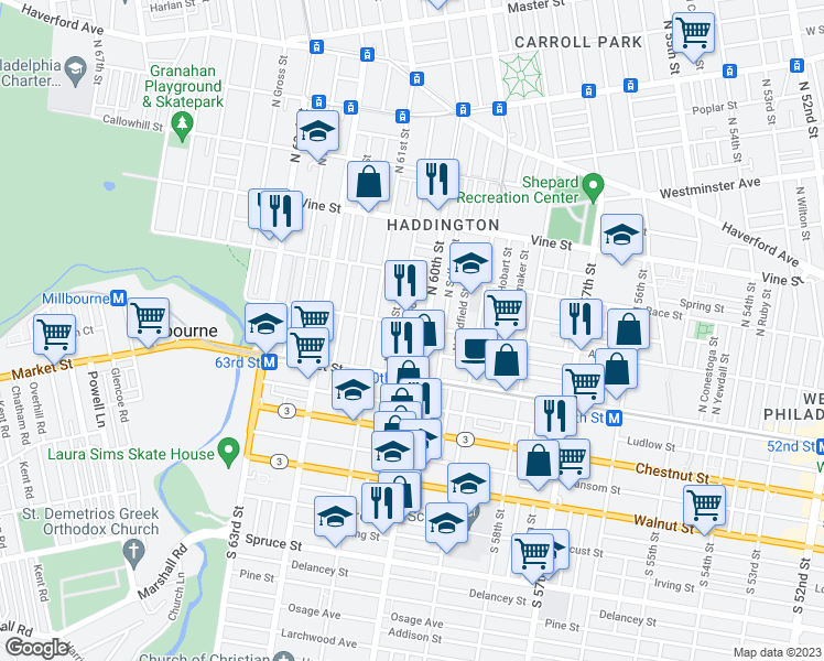 map of restaurants, bars, coffee shops, grocery stores, and more near 63 North Edgewood Street in Philadelphia
