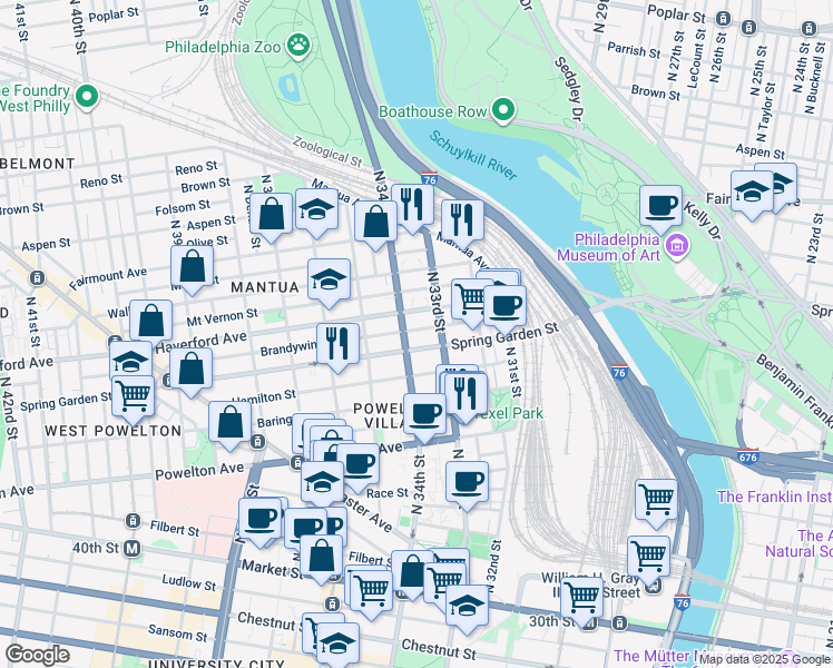 map of restaurants, bars, coffee shops, grocery stores, and more near 3332 Brandywine Street in Philadelphia