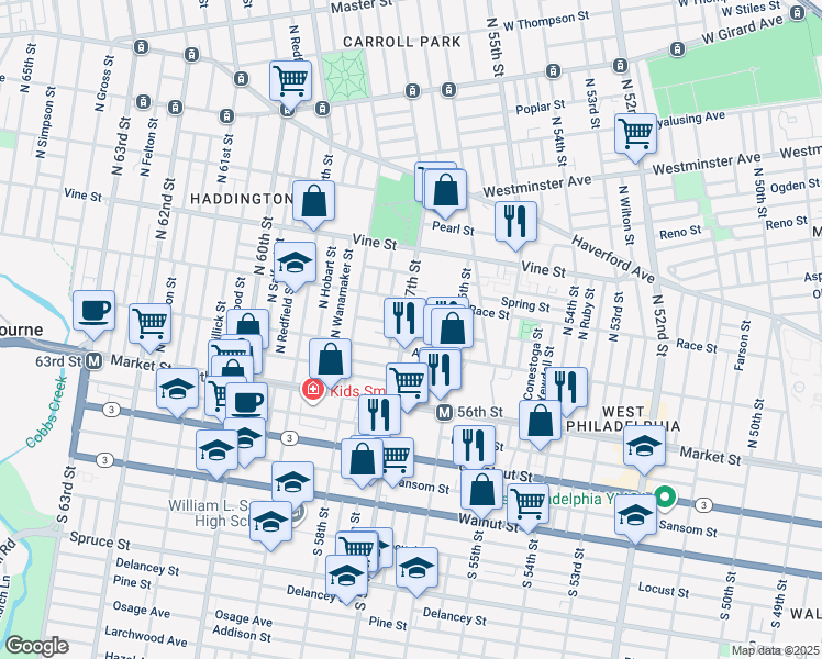 map of restaurants, bars, coffee shops, grocery stores, and more near 125 N 57th St in Philadelphia