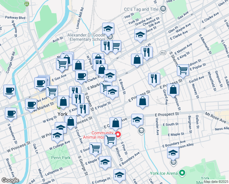 map of restaurants, bars, coffee shops, grocery stores, and more near 349 East King Street in York