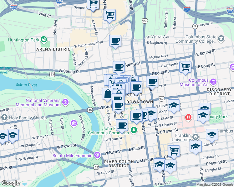 map of restaurants, bars, coffee shops, grocery stores, and more near 52 East Gay Street in Columbus