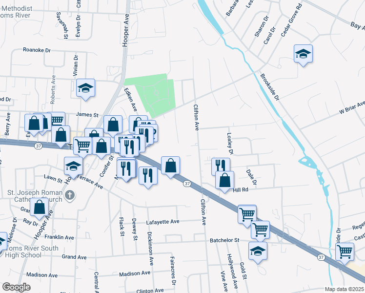 map of restaurants, bars, coffee shops, grocery stores, and more near 523 Pheasant Lane in Toms River