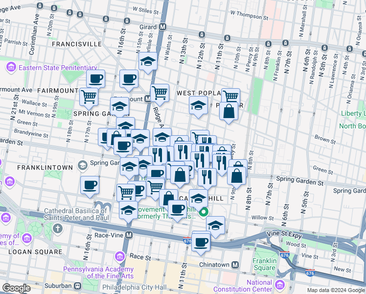 map of restaurants, bars, coffee shops, grocery stores, and more near 1204 Mount Vernon Street in Philadelphia