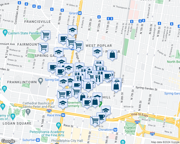 map of restaurants, bars, coffee shops, grocery stores, and more near 1202 Mount Vernon Street in Philadelphia
