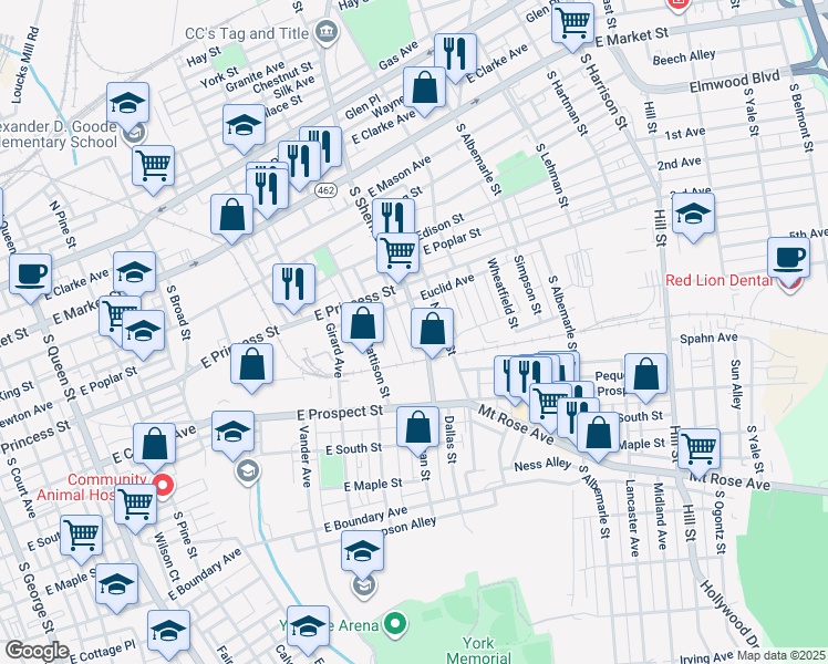 map of restaurants, bars, coffee shops, grocery stores, and more near 344 South Sherman Street in York