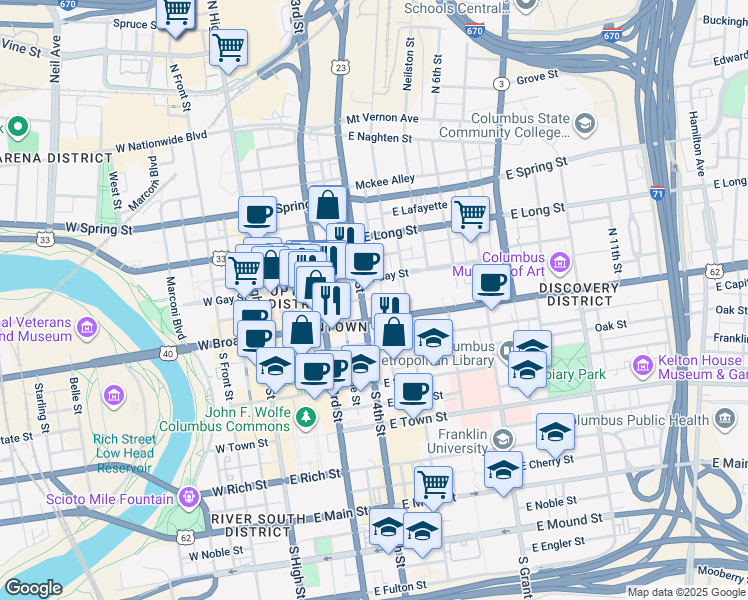 map of restaurants, bars, coffee shops, grocery stores, and more near 150 East Broad Street in Columbus