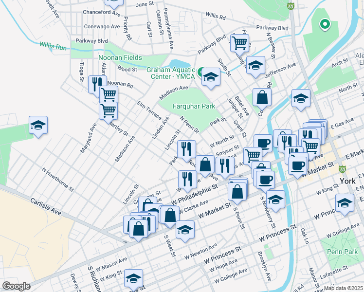 map of restaurants, bars, coffee shops, grocery stores, and more near 261 Roosevelt Avenue in York