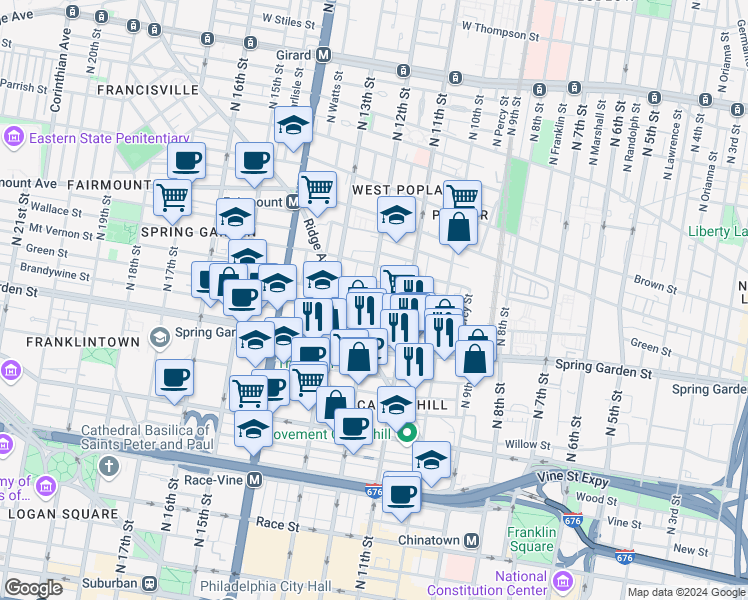 map of restaurants, bars, coffee shops, grocery stores, and more near 1142 Mount Vernon Street in Philadelphia