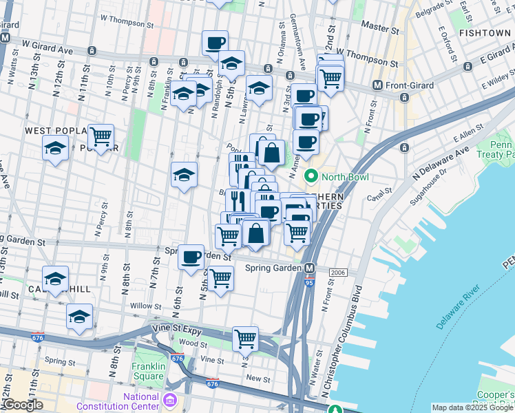 map of restaurants, bars, coffee shops, grocery stores, and more near 322 Brown Street in Philadelphia