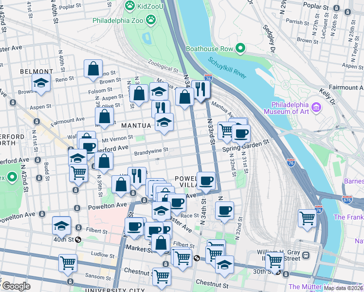 map of restaurants, bars, coffee shops, grocery stores, and more near 519 North 35th Street in Philadelphia