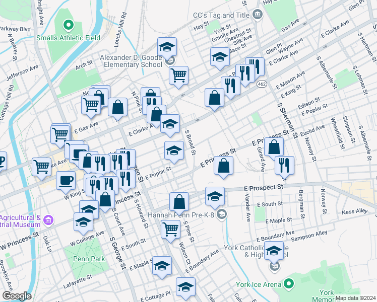 map of restaurants, bars, coffee shops, grocery stores, and more near 408 East King Street in York