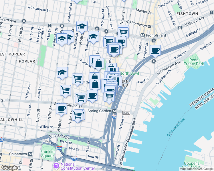 map of restaurants, bars, coffee shops, grocery stores, and more near 211 Brown Street in Philadelphia