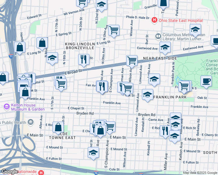 map of restaurants, bars, coffee shops, grocery stores, and more near 1150 Oak Street in Columbus