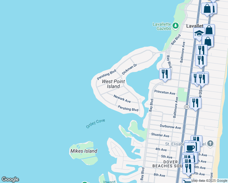 map of restaurants, bars, coffee shops, grocery stores, and more near 235 Newark Avenue in Lavallette