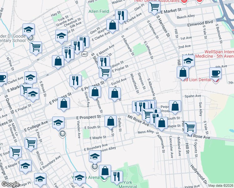 map of restaurants, bars, coffee shops, grocery stores, and more near 364 Norway Street in York