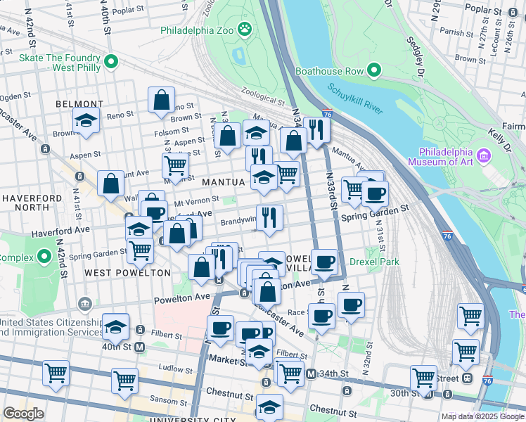 map of restaurants, bars, coffee shops, grocery stores, and more near 531 North 36th Street in Philadelphia