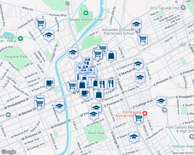 map of restaurants, bars, coffee shops, grocery stores, and more near 50 East Clarke Avenue in York