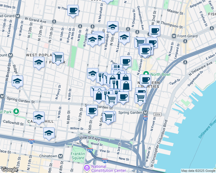 map of restaurants, bars, coffee shops, grocery stores, and more near 442 Olive Street in Philadelphia