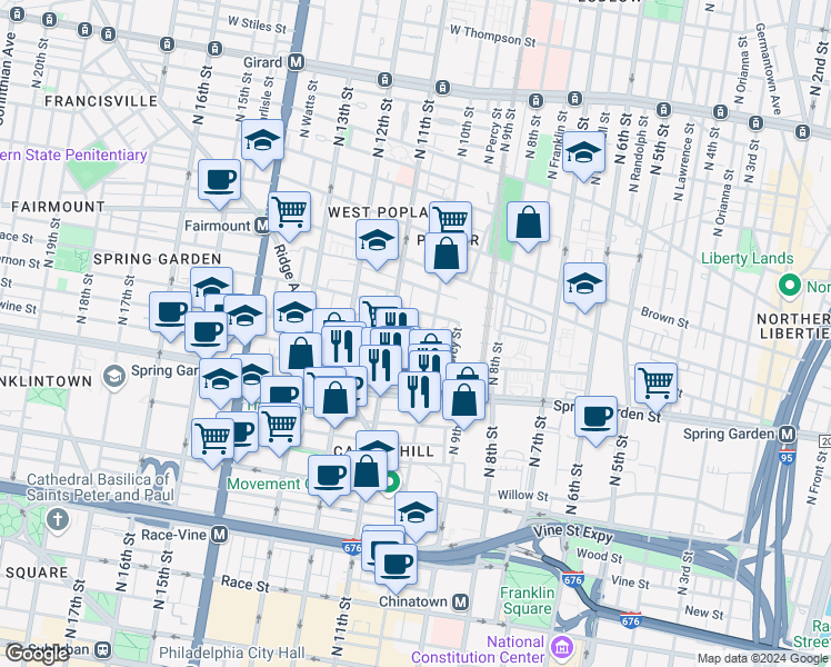 map of restaurants, bars, coffee shops, grocery stores, and more near 1013 Mount Vernon Street in Philadelphia