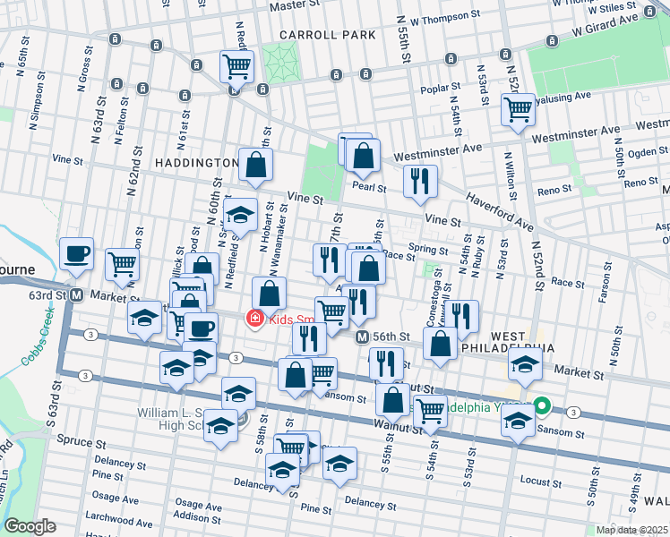 map of restaurants, bars, coffee shops, grocery stores, and more near 127 North 57th Street in Philadelphia