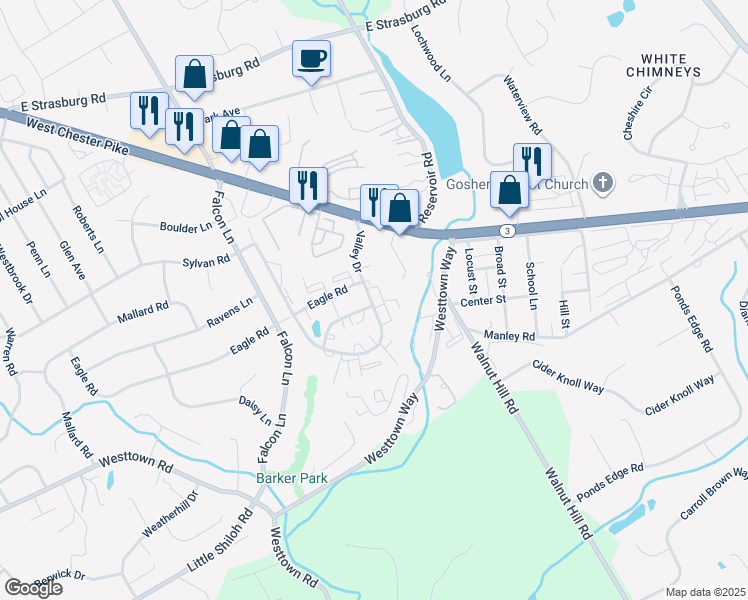 map of restaurants, bars, coffee shops, grocery stores, and more near 521 Valley Drive in West Chester