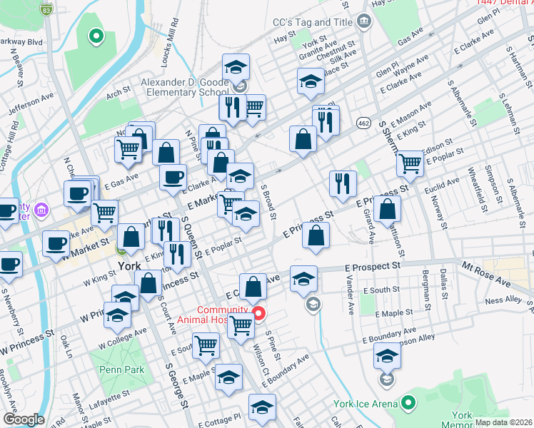 map of restaurants, bars, coffee shops, grocery stores, and more near 117 Edgar Street in York