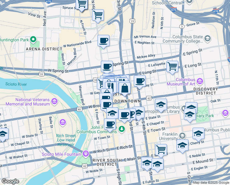 map of restaurants, bars, coffee shops, grocery stores, and more near in Columbus