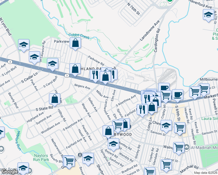 map of restaurants, bars, coffee shops, grocery stores, and more near 10 Elm Avenue in Delaware County