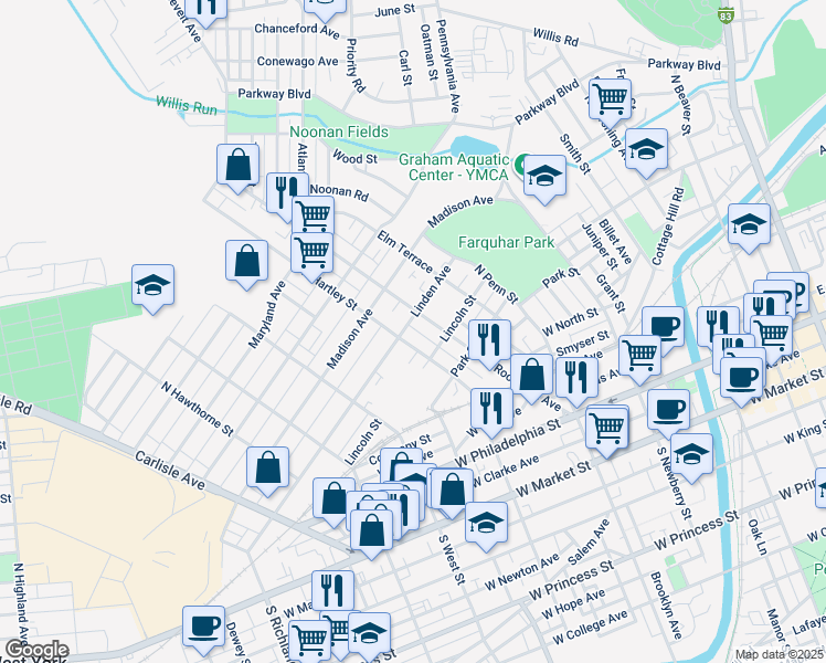 map of restaurants, bars, coffee shops, grocery stores, and more near 486 Linden Avenue in York