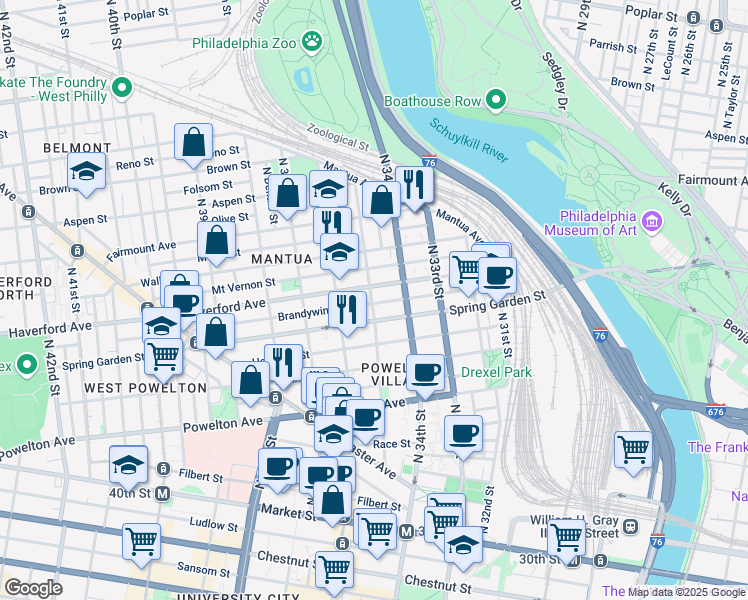 map of restaurants, bars, coffee shops, grocery stores, and more near 521 North 35th Street in Philadelphia