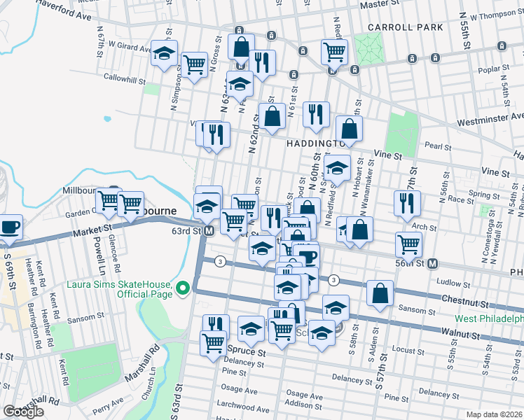 map of restaurants, bars, coffee shops, grocery stores, and more near 29 North Dewey Street in Philadelphia
