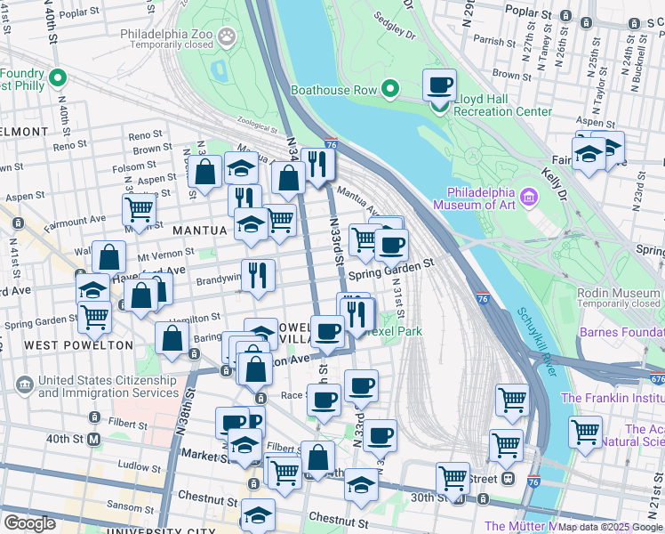 map of restaurants, bars, coffee shops, grocery stores, and more near 3312 Brandywine Street in Philadelphia