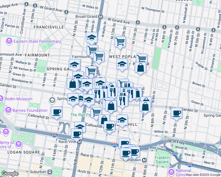 map of restaurants, bars, coffee shops, grocery stores, and more near 1214 Mount Vernon Street in Philadelphia