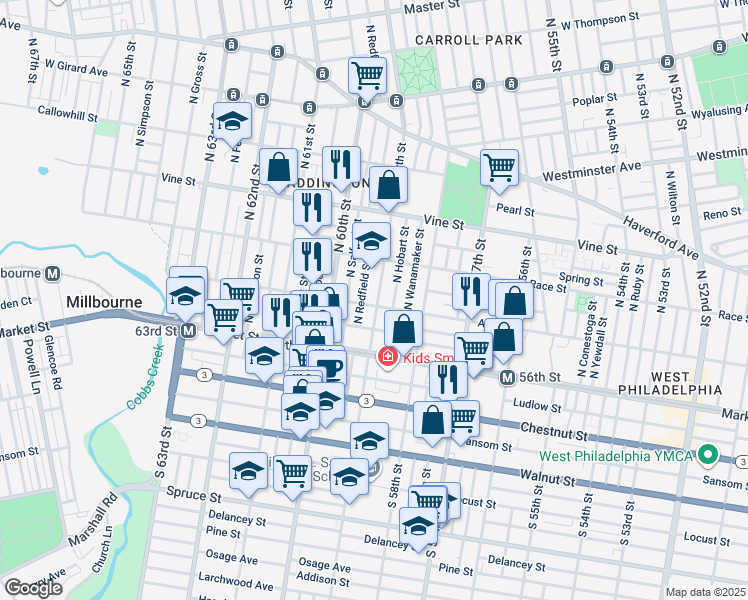 map of restaurants, bars, coffee shops, grocery stores, and more near 5901 Arch Street in Philadelphia