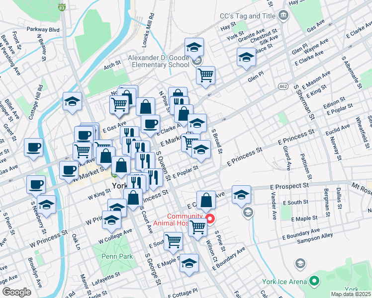 map of restaurants, bars, coffee shops, grocery stores, and more near 51 South Pine Street in York