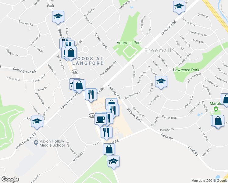 map of restaurants, bars, coffee shops, grocery stores, and more near 239 Parkway Avenue in Broomall