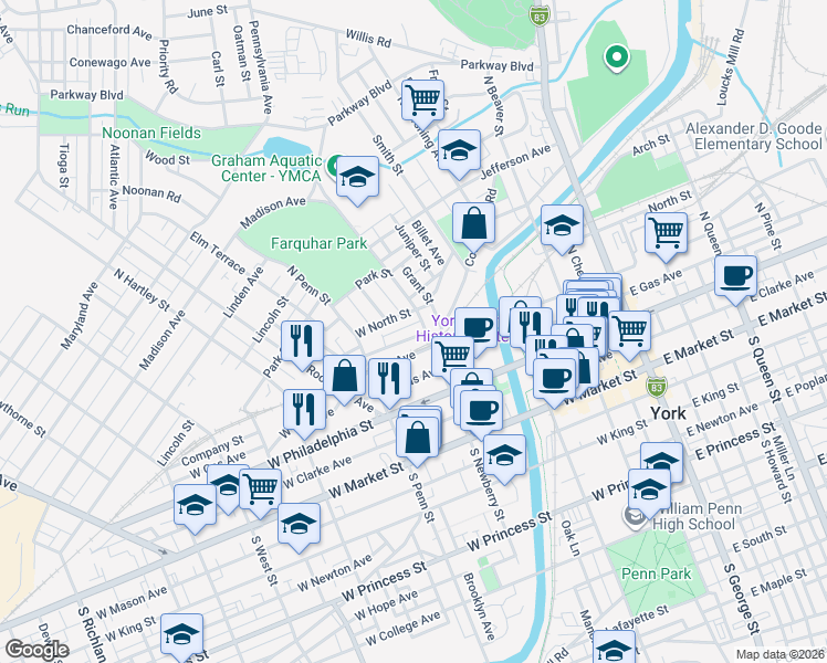 map of restaurants, bars, coffee shops, grocery stores, and more near 330 Smyser Street in York