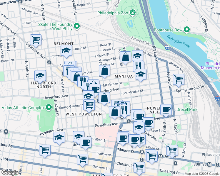 map of restaurants, bars, coffee shops, grocery stores, and more near 3860 Haverford Avenue in Philadelphia