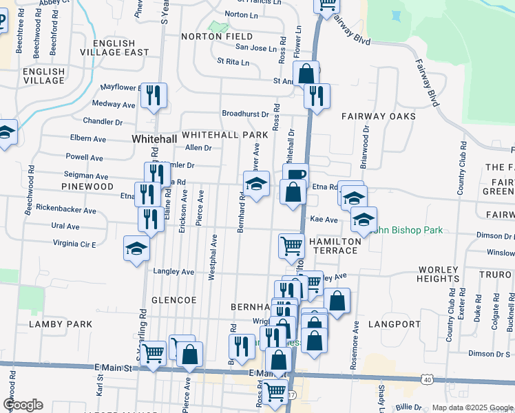 map of restaurants, bars, coffee shops, grocery stores, and more near 4531 Etna Road in Columbus