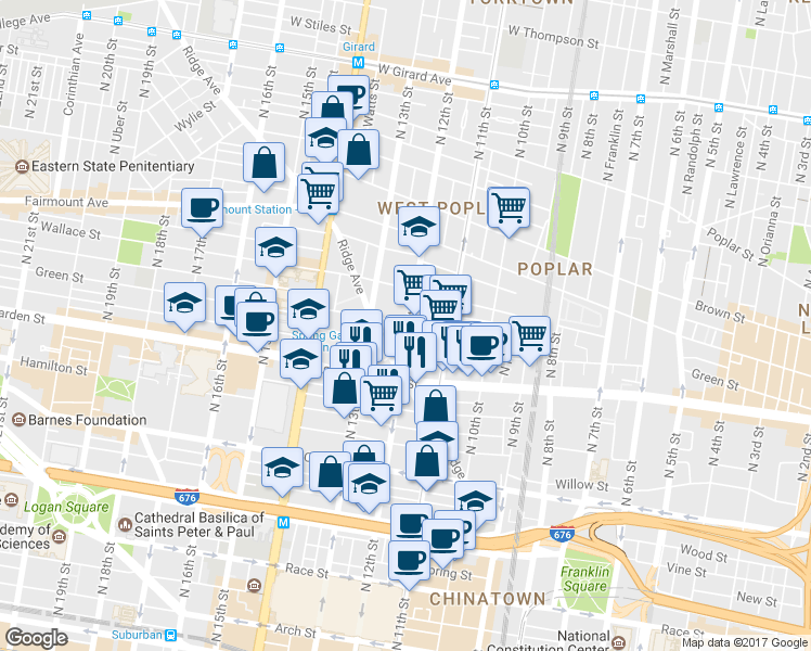 map of restaurants, bars, coffee shops, grocery stores, and more near 1202 Mount Vernon Street in Philadelphia