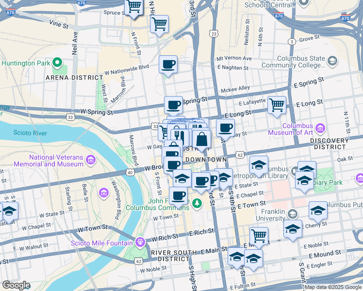 map of restaurants, bars, coffee shops, grocery stores, and more near in Columbus