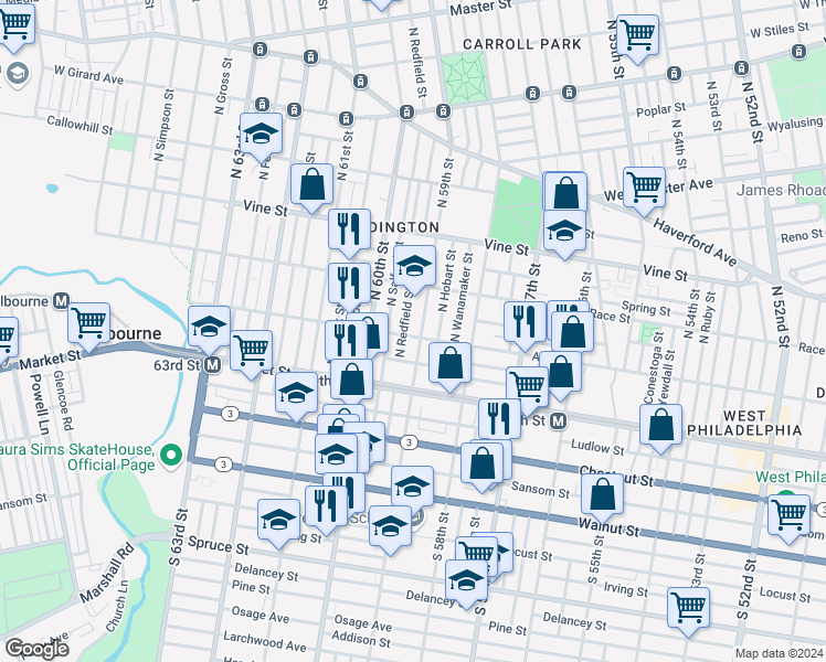 map of restaurants, bars, coffee shops, grocery stores, and more near 5909 Arch Street in Philadelphia