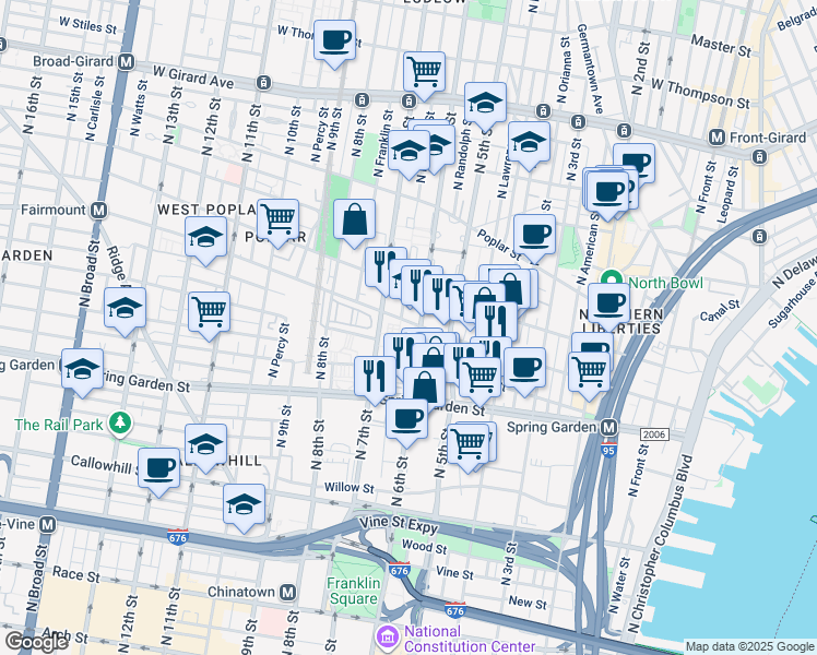 map of restaurants, bars, coffee shops, grocery stores, and more near 618 North 6th Street in Philadelphia